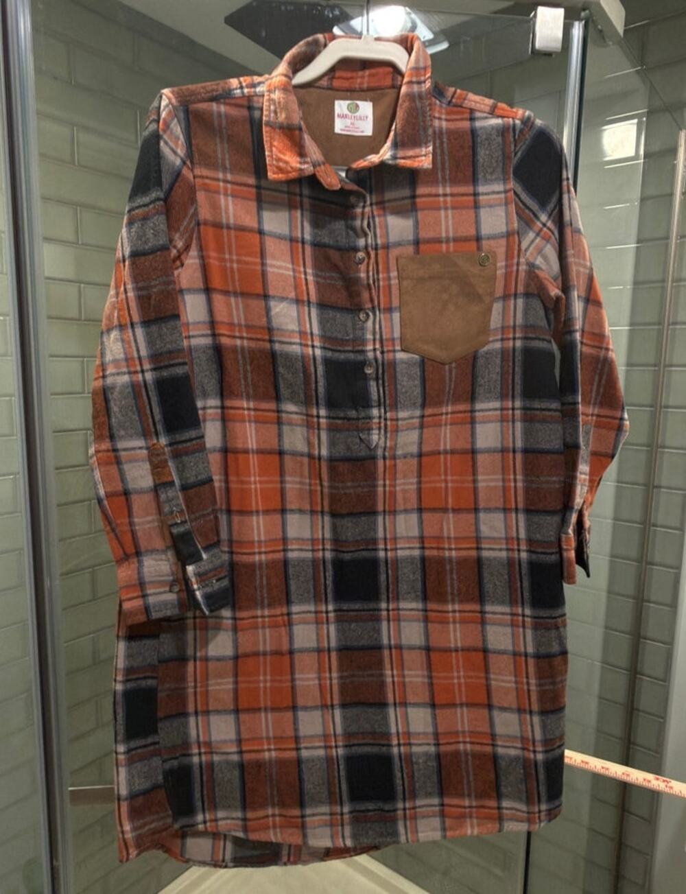 MarleyLilly Plaid Flannel Tunic Shirt Dress Medium Orange Brown Fall